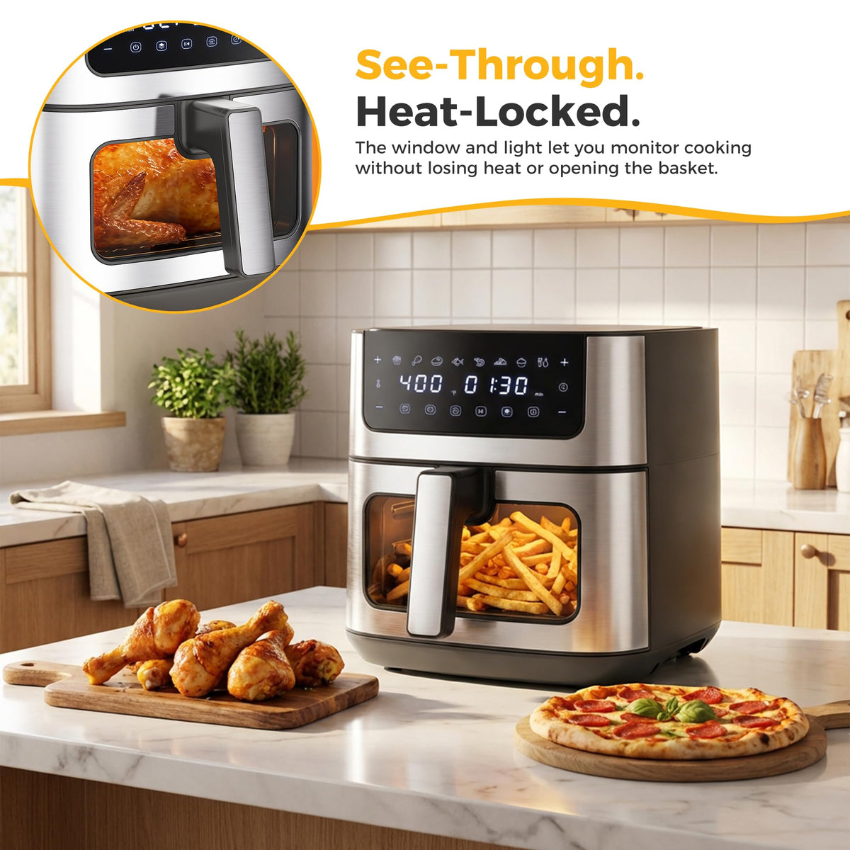 NEWBULIG 8 presets simplify one-touch cooking for fries, chicken, fish, and more.