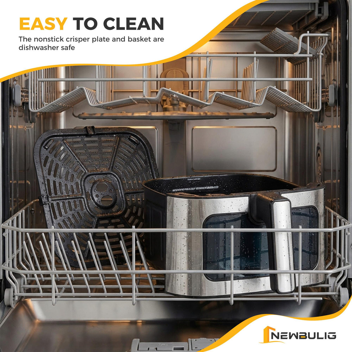 NEWBULIG Air Fryer dishwasher-safe basket and plate simplify cleanup.