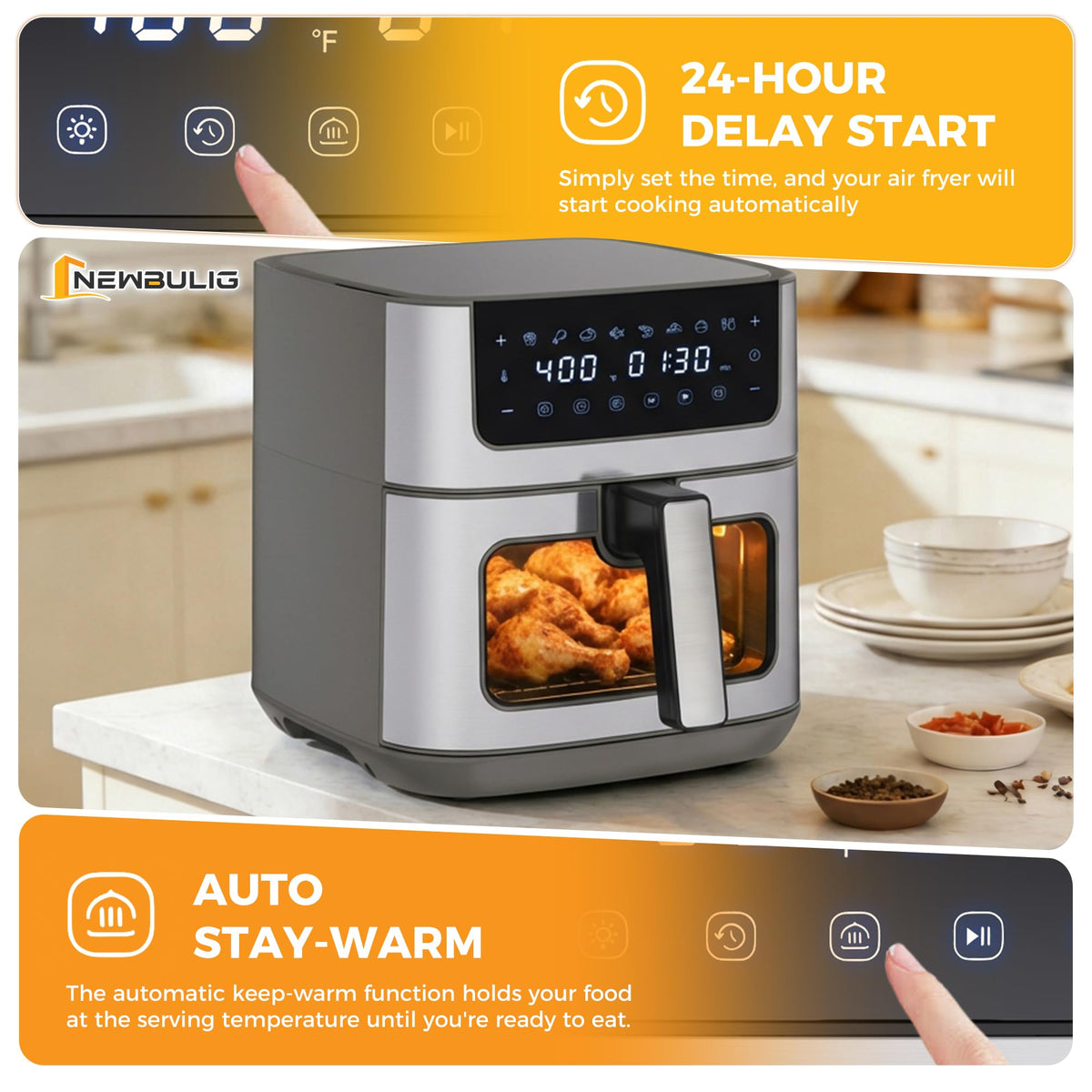 NEWBULIG interior light helps monitor golden browning as fries cook.