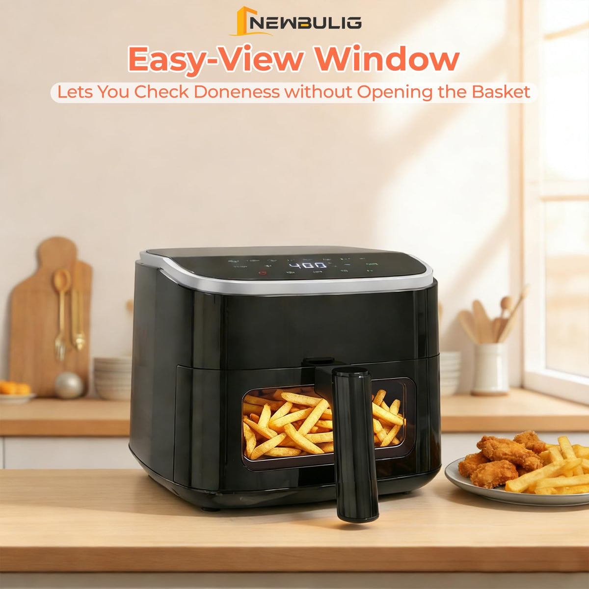 NEWBULIG Air Fryer shake reminder helps even cooking.