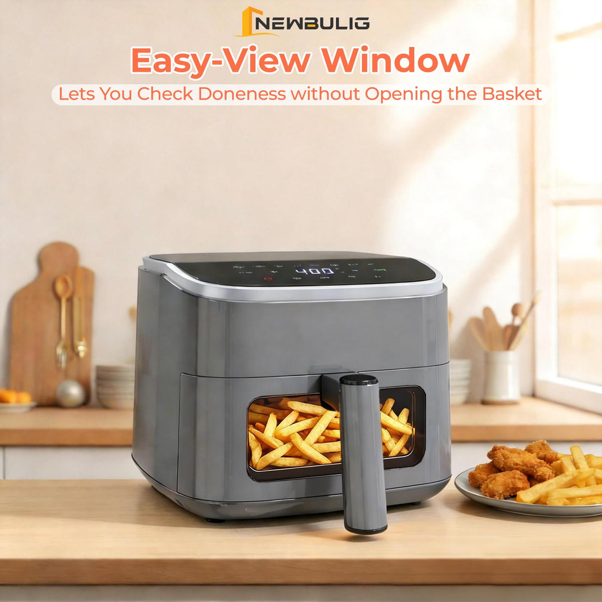 NEWBULIG Air Fryer digital touchscreen with presets for easy meals.