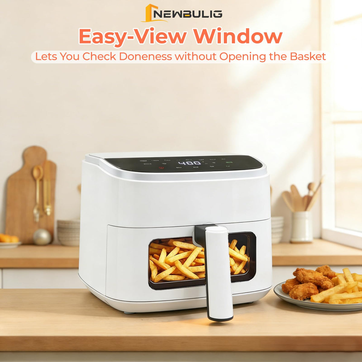 NEWBULIG Air Fryer interior light helps check browning without opening.