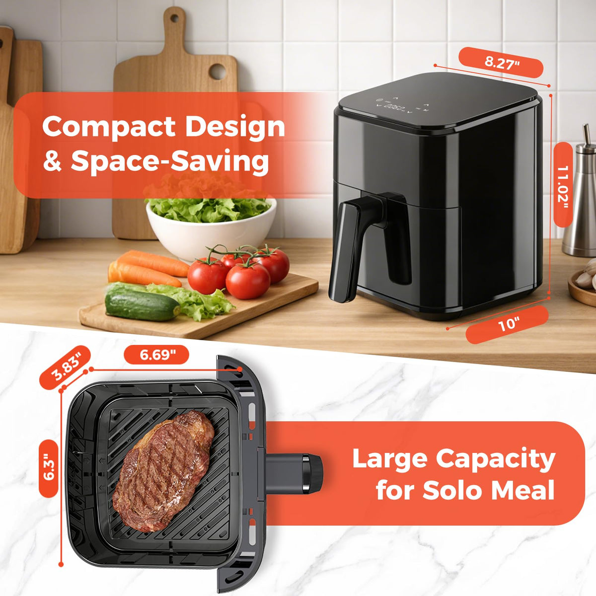NEWBULIG air fryer nonstick basket close-up for easy cleanup and minimal sticking.
