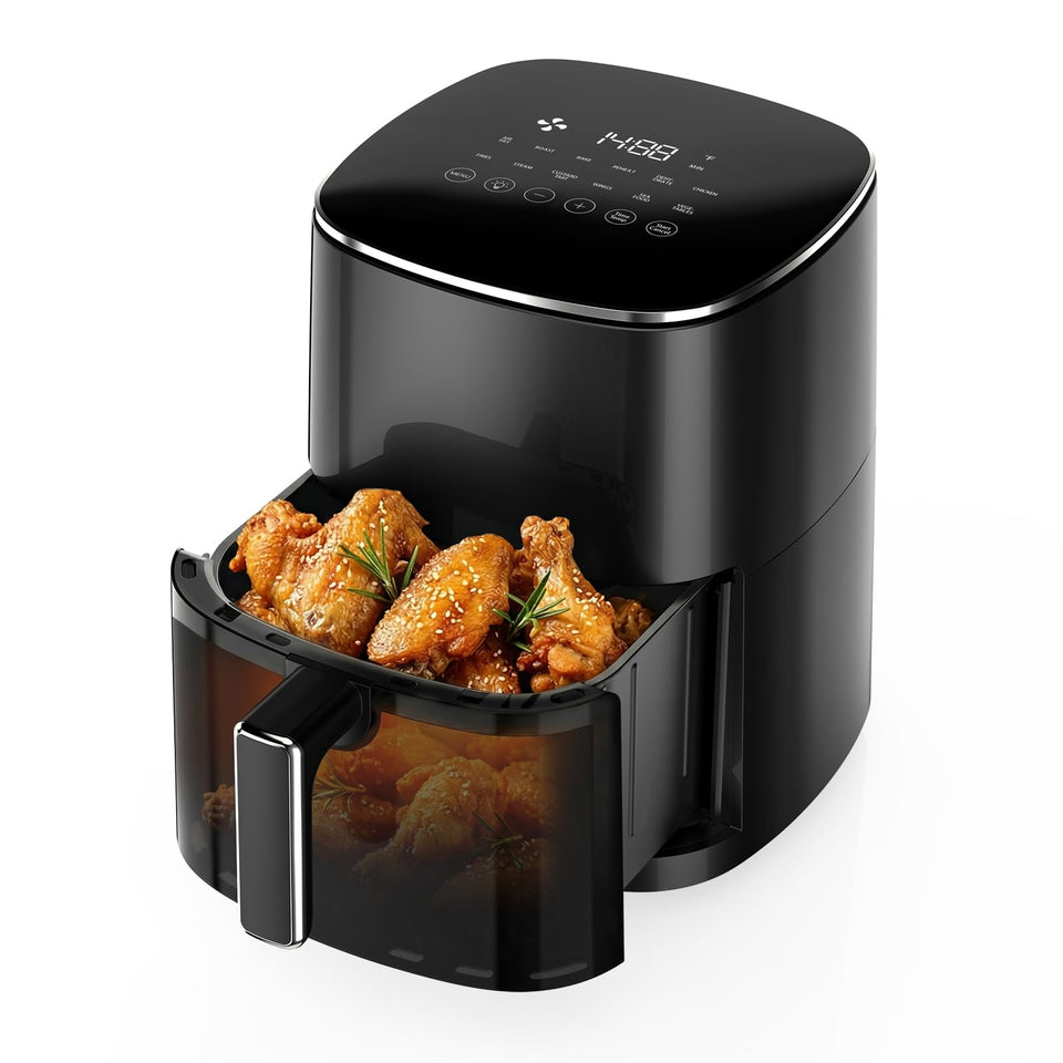 NEWBULIG Air Fryer visual window shows cooking progress and preserves heat for crisp results.