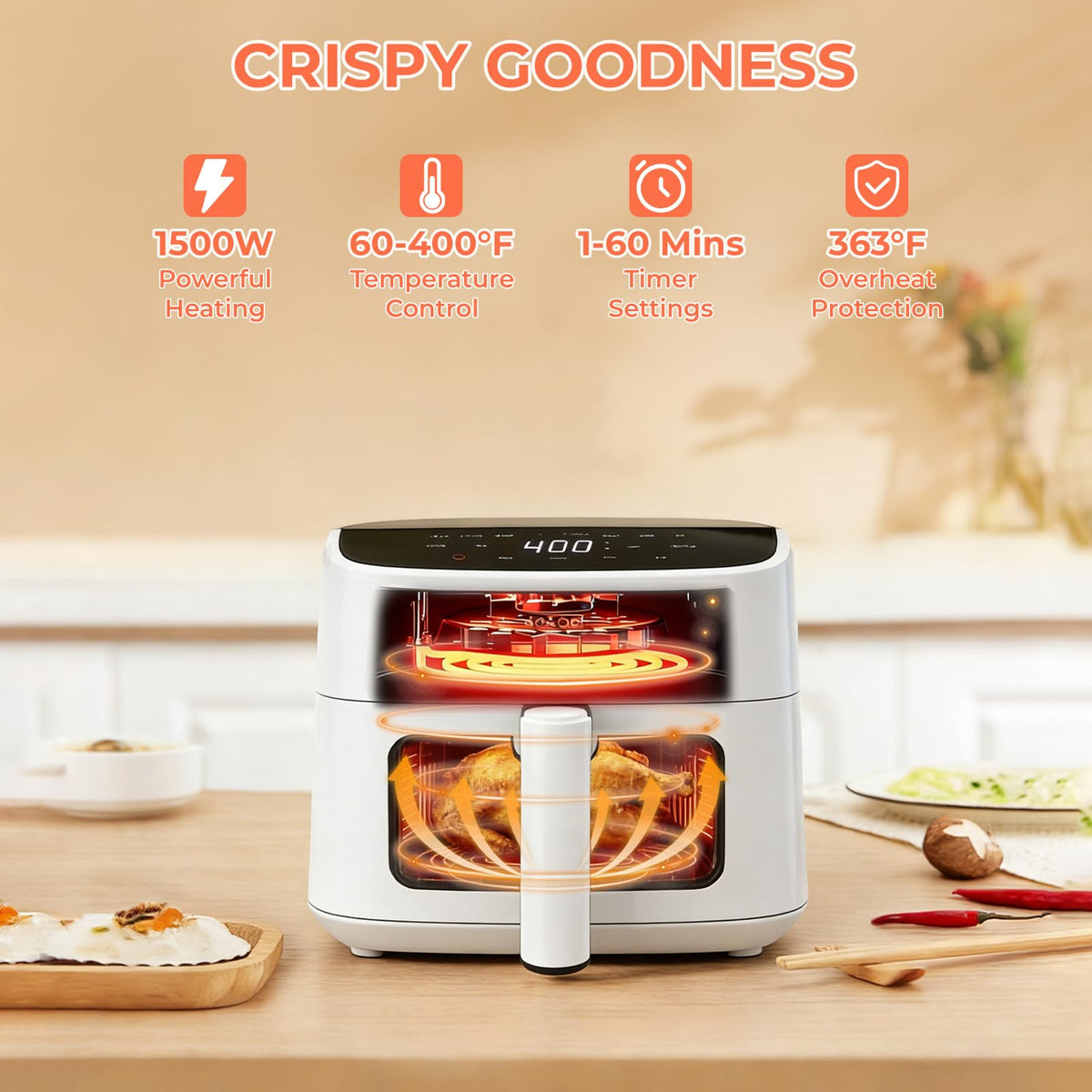 NEWBULIG Air Fryer interior light reveals browning without opening