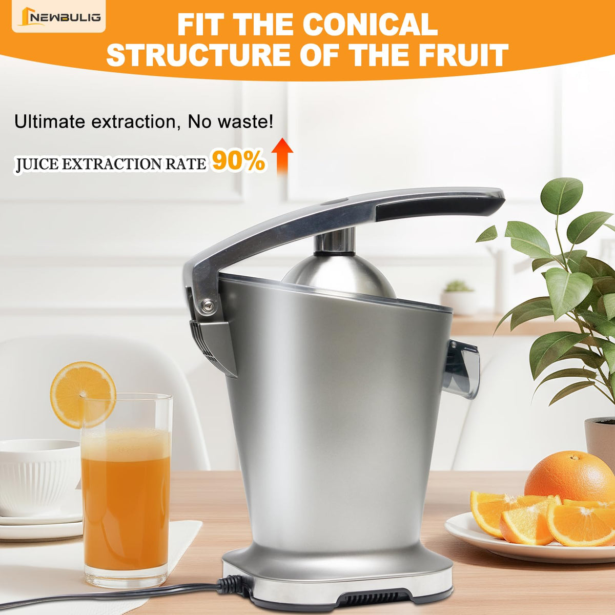 NEWBULIG compact citrus juicer on kitchen counter for everyday juice.