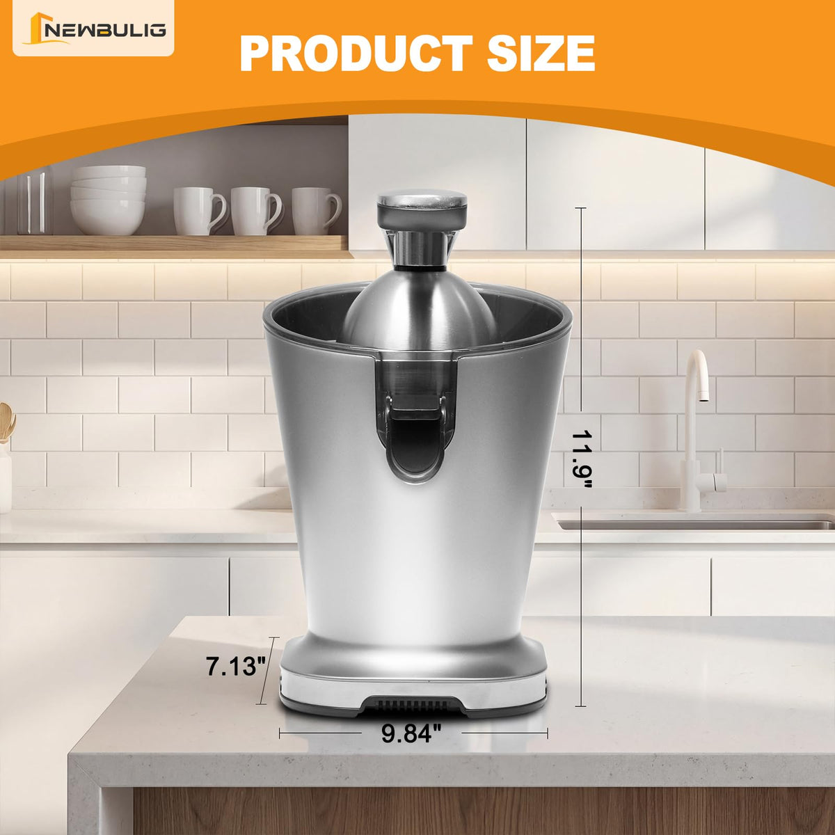 Detachable parts on NEWBULIG citrus juicer shown for easy cleaning and maintenance.