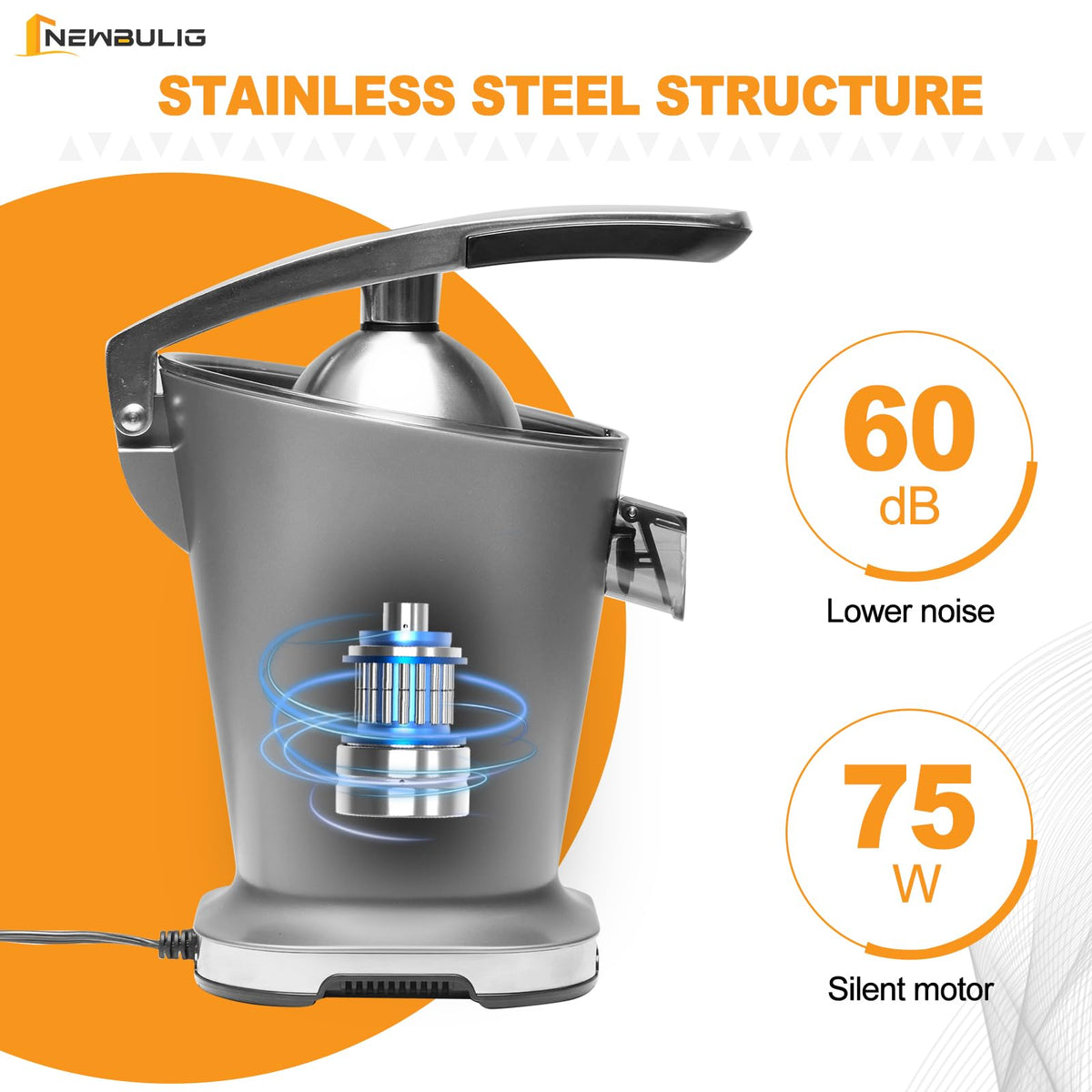 NEWBULIG citrus juicer works with lemon, lime, grapefruit for versatile use.