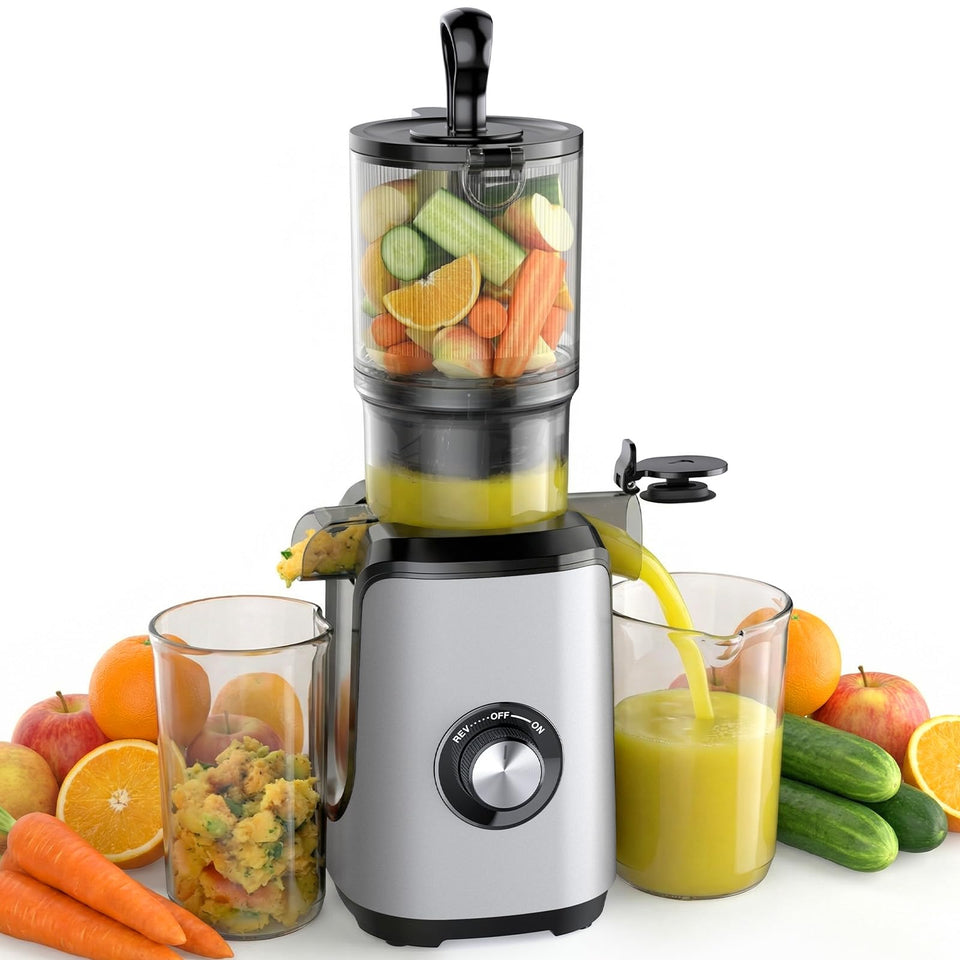 NEWBULIG cold press juicer front view showing safety design for busy kitchens