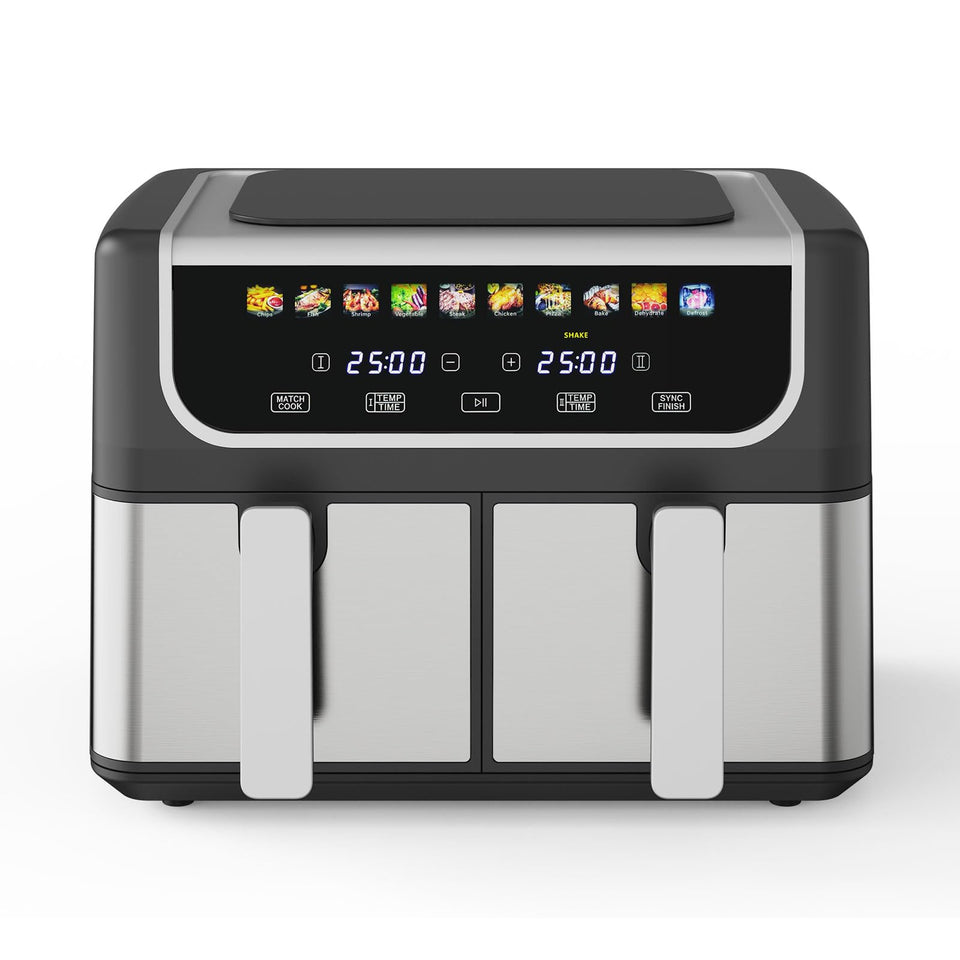 NEWBULIG Dual Air Fryer two baskets on countertop for efficient family meals