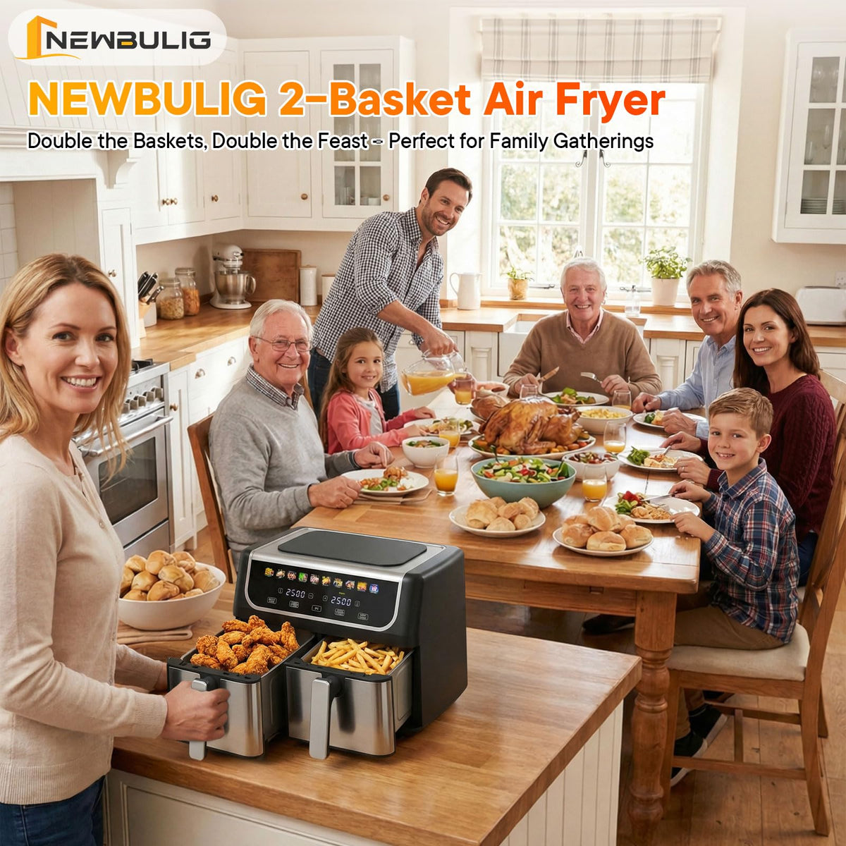 NEWBULIG Dual Air Fryer baskets side-by-side enabling simultaneous cooking