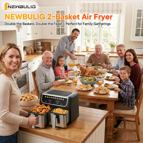 NEWBULIG Dual Air Fryer baskets side-by-side enabling simultaneous cooking