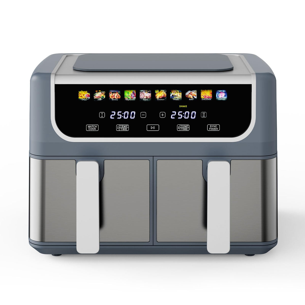 NEWBULIG dual air fryer two baskets showing separate cooking zones for whole meals
