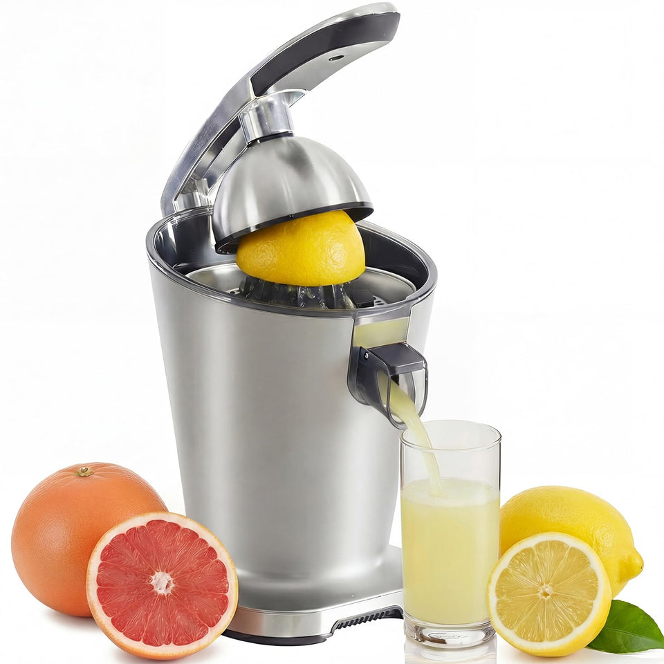 NEWBULIG electric citrus juicer front view in silver for quick, effortless juice.