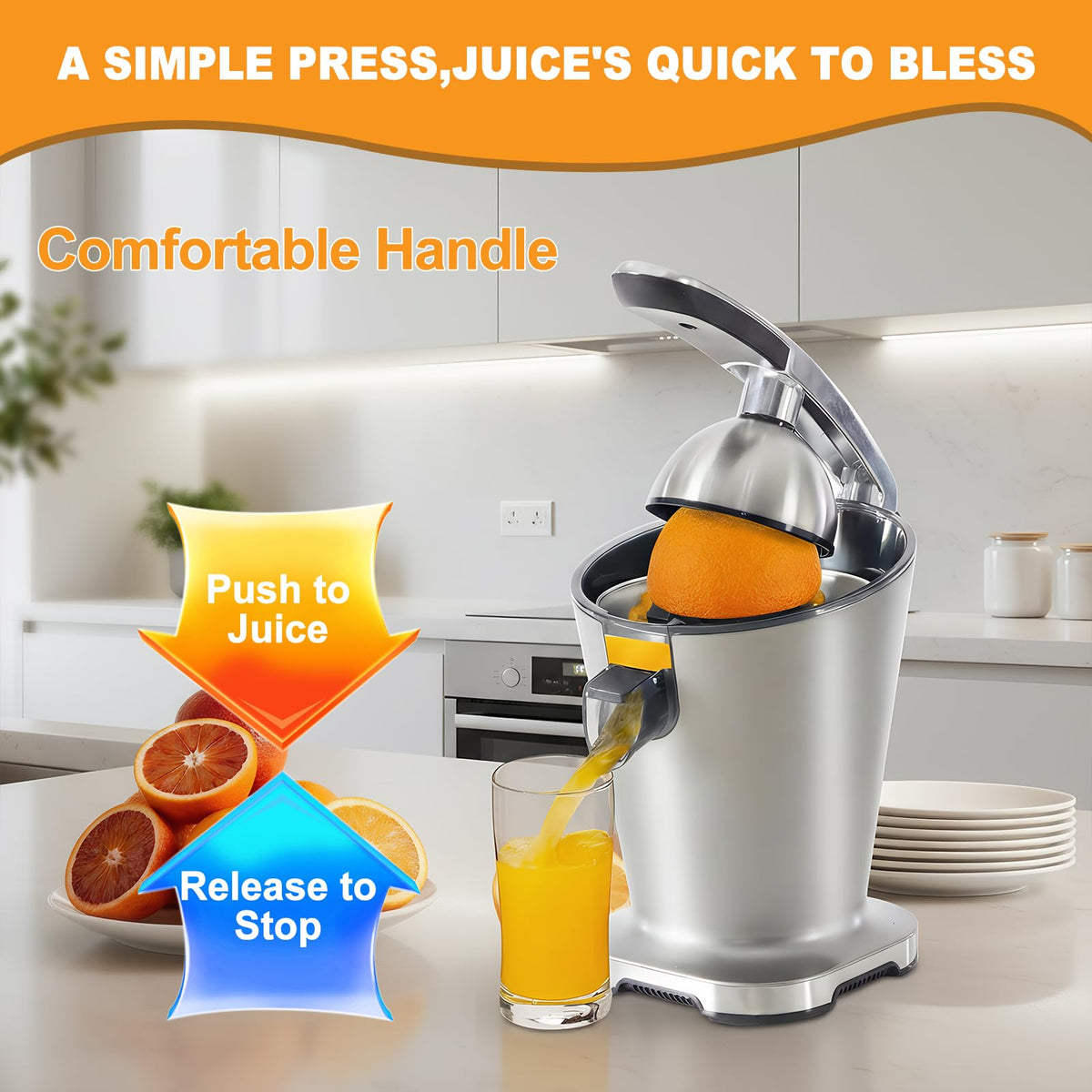 NEWBULIG juicer soft-grip handle close-up for comfortable, precise juicing.