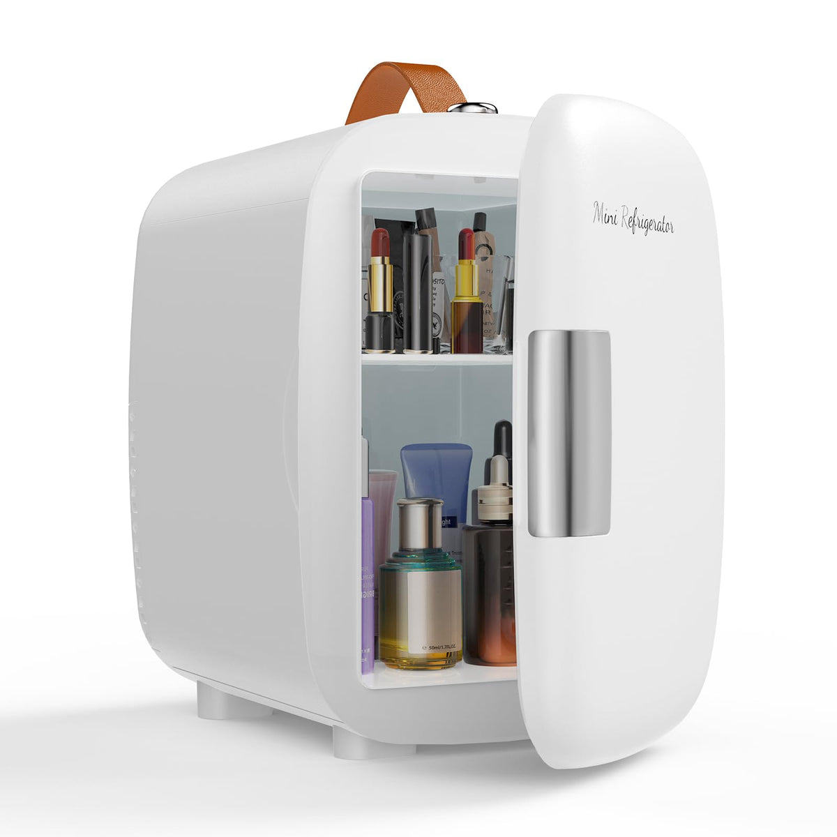 NEWBULIG mini fridge front view, compact 4L capacity for personal drinks and skincare.