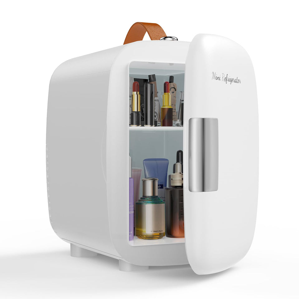 NEWBULIG mini fridge front view shows compact desk-ready design