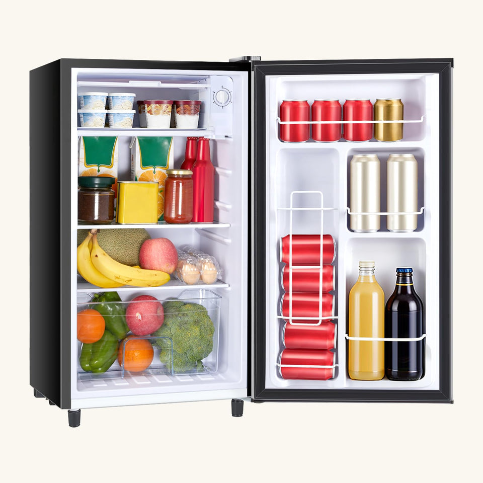 NEWBULIG mini fridge with freezer front view keeps beverages at hand in small spaces.