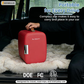 NEWBULIG mini fridge with portable handle for easy transport between room and car.