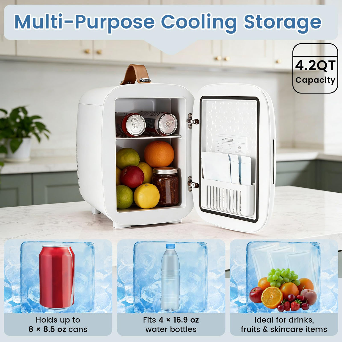 NEWBULIG mini fridge with removable shelf for flexible skincare and snack organization.