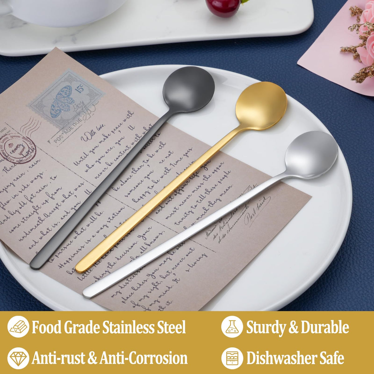 NEWDRIP long-handle tea spoon in gold with ergonomic grip for comfortable stirring