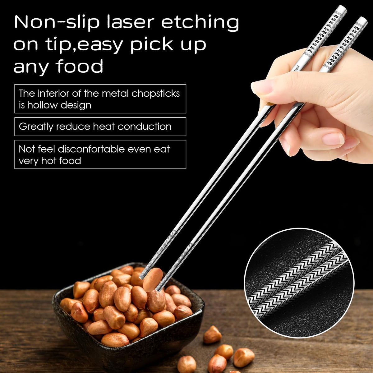 NewDrip laser-etched pattern 3 metal chopsticks keep grip on hot foods.