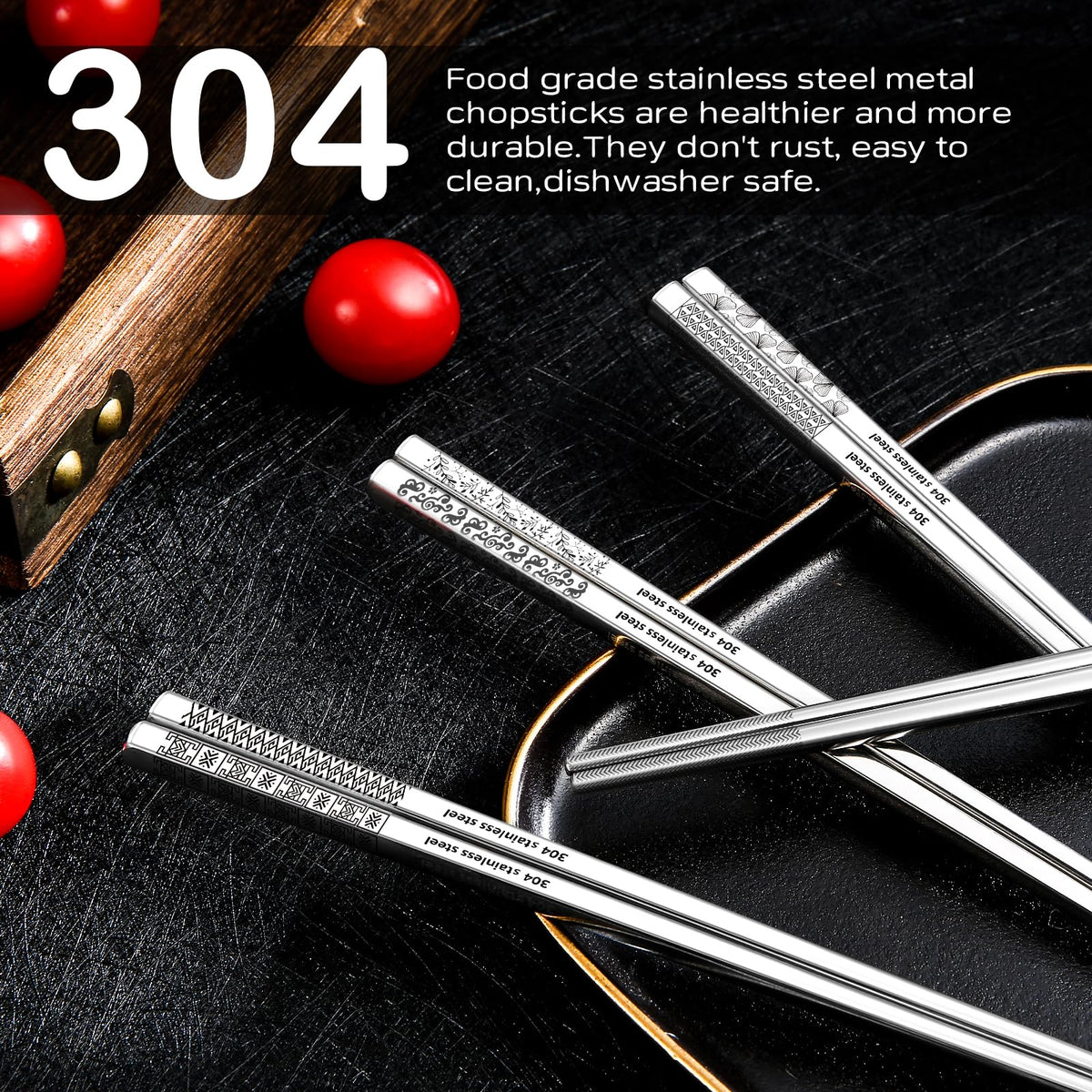 NewDrip pattern 4 stainless steel chopsticks reduce heat transfer for comfortable meals.