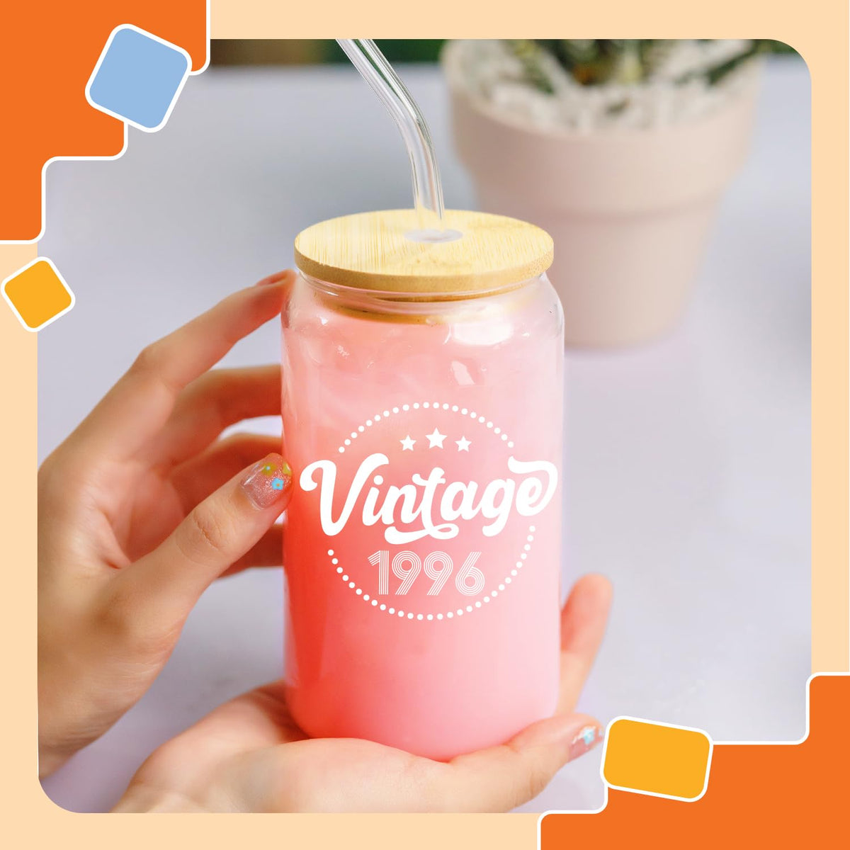 NewEleven 16oz glass for coffee, juice, or tea on the go.