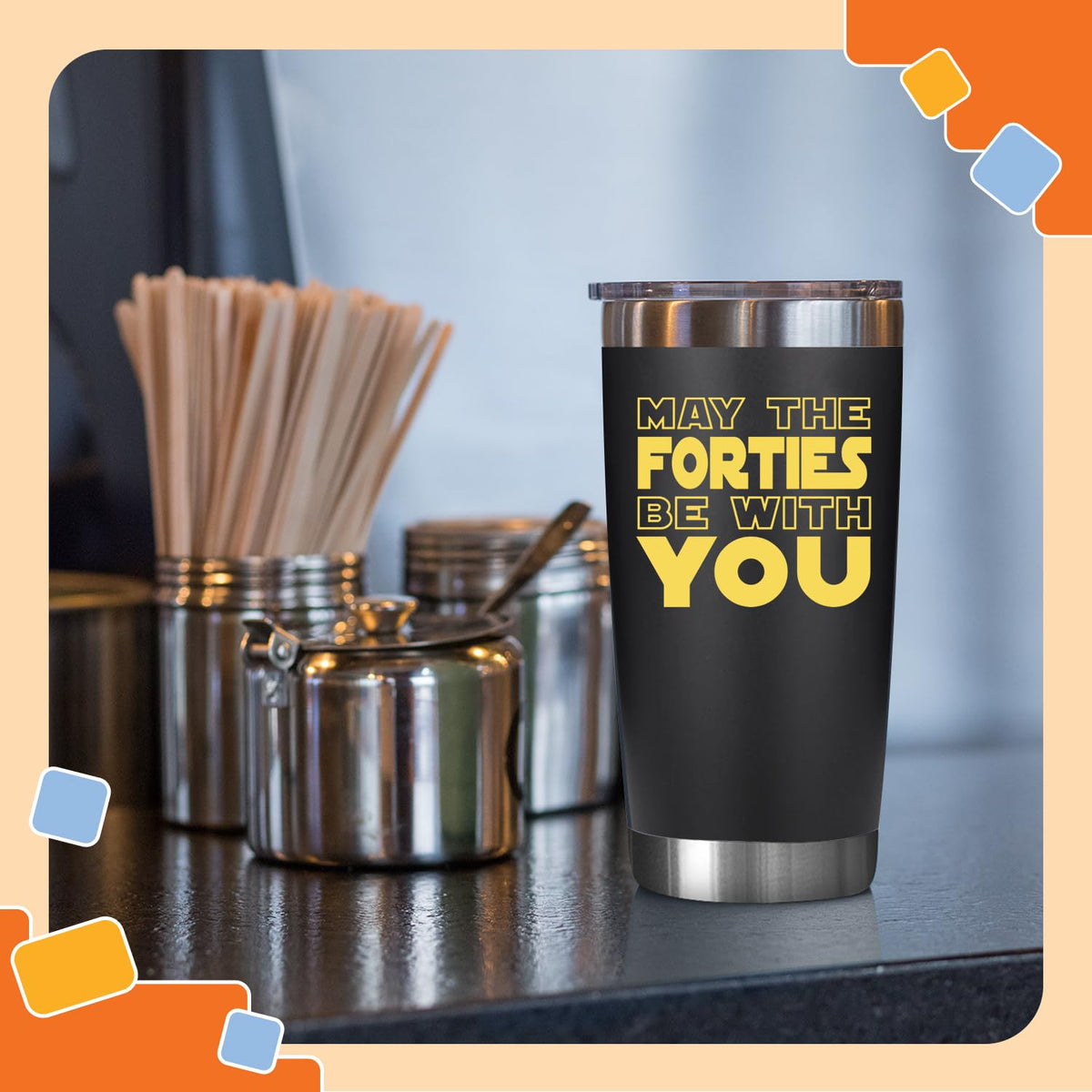 NewEleven 40th birthday tumbler demonstrates leak-proof lid for travel.