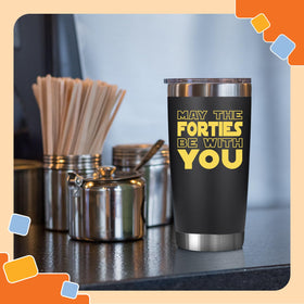NewEleven 40th birthday tumbler demonstrates leak-proof lid for travel.