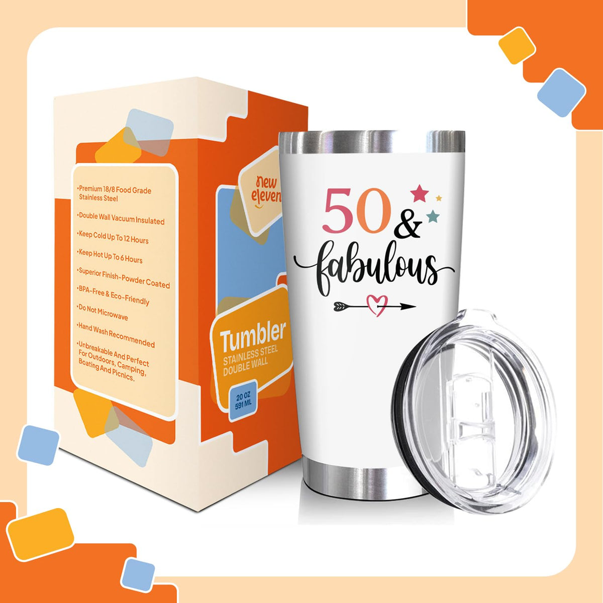 NewEleven 50th birthday tumbler lid close-up, BPA-free design and secure seal.