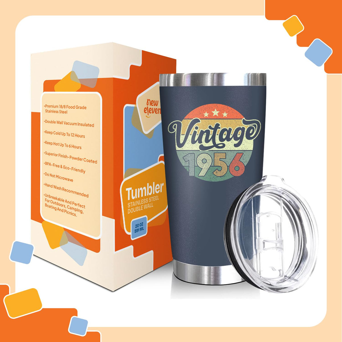 NewEleven 70th birthday tumbler lid prevents spills during outdoor gatherings.