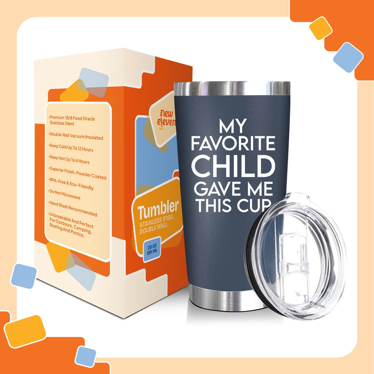 NewEleven 20oz tumbler double-wall insulation keeps drinks hot or cold longer.