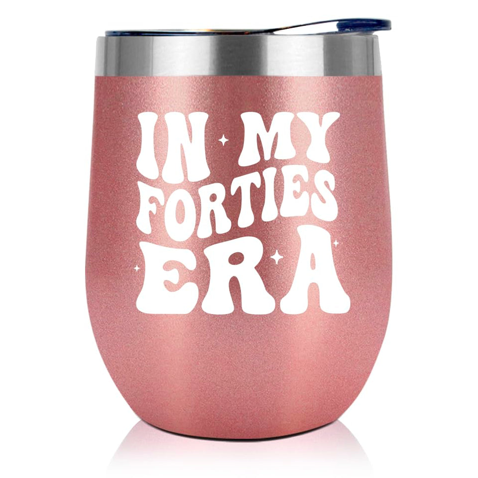 NewEleven In My Forties Era wine tumbler front view, ideal for celebrations.