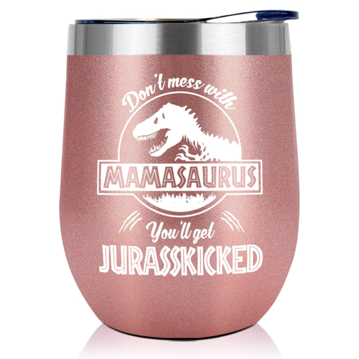 NewEleven Mamasaurus 12oz tumbler front view keeps beverages at the right temperature
