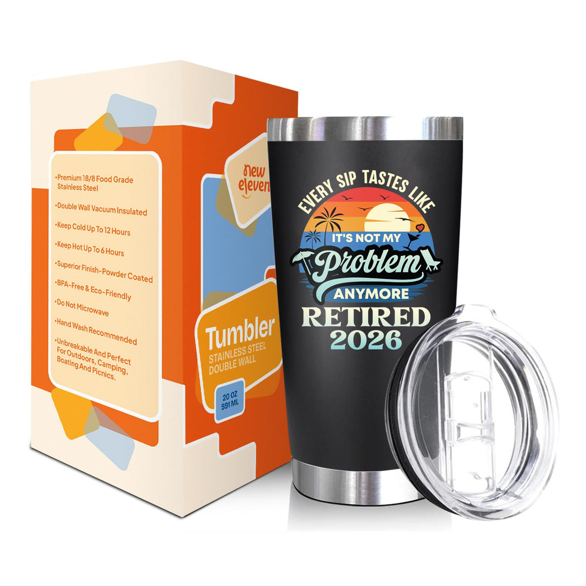 NewEleven retirement tumbler with leak-proof lid for travel.