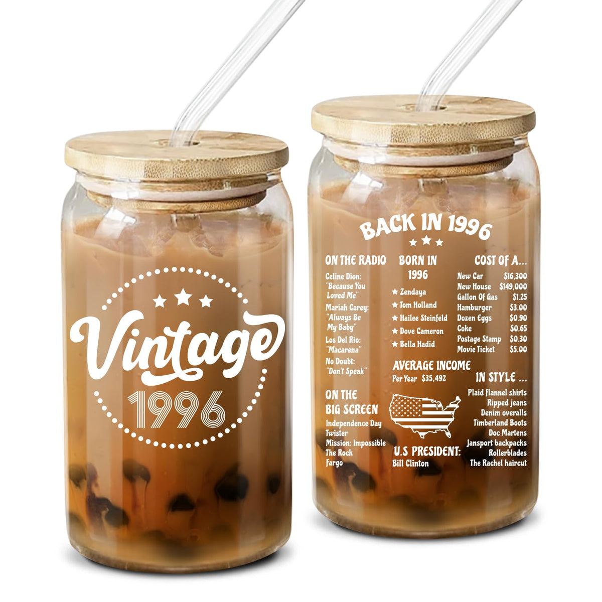 NewEleven Vintage 1996 glass cup with classic print for stylish 30th birthday moments.