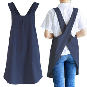 NEWGEM Japanese Linen Cross-Back Apron front view with convenient pockets.