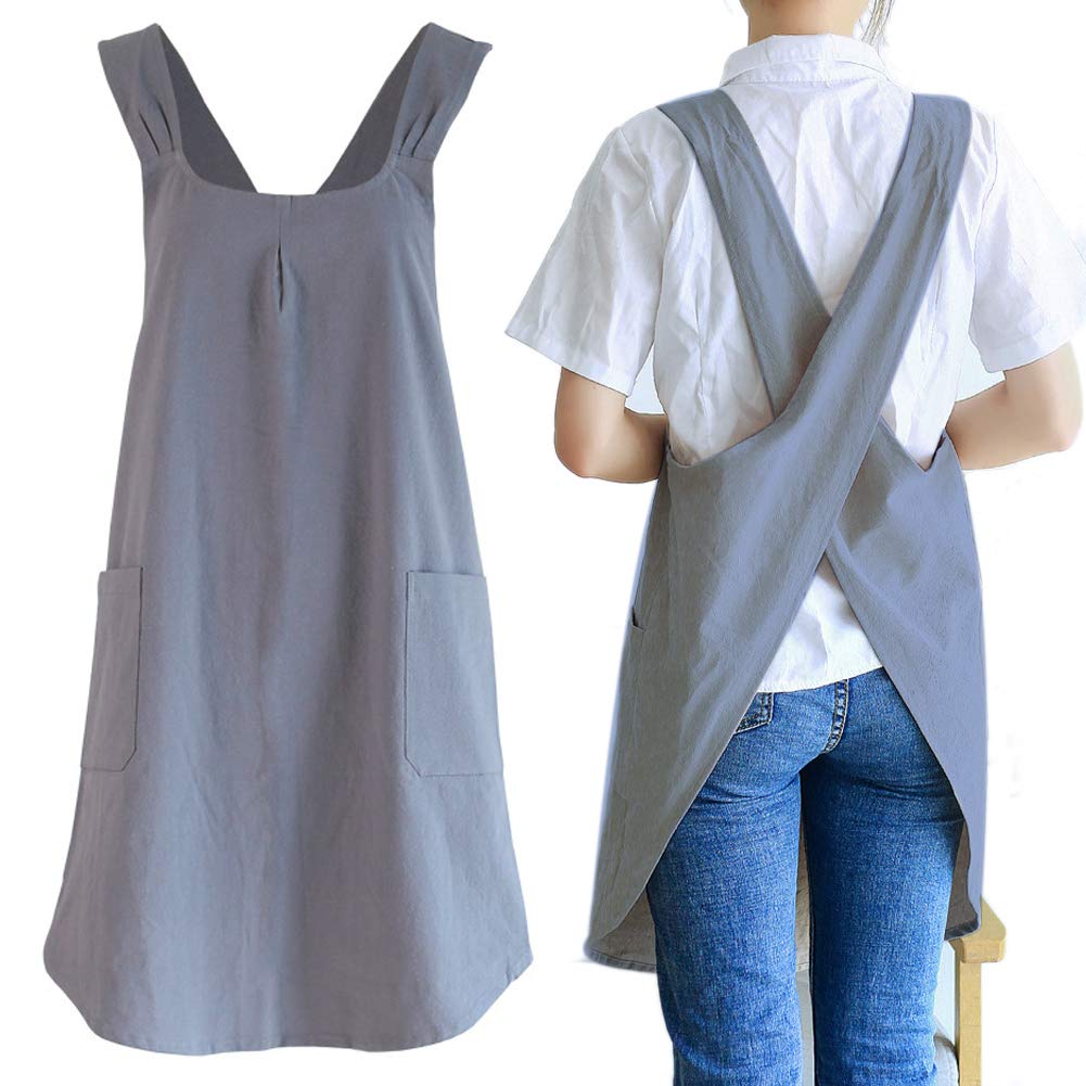 NEWGEM Japanese Linen Cross Back Apron gray with pockets for cooking