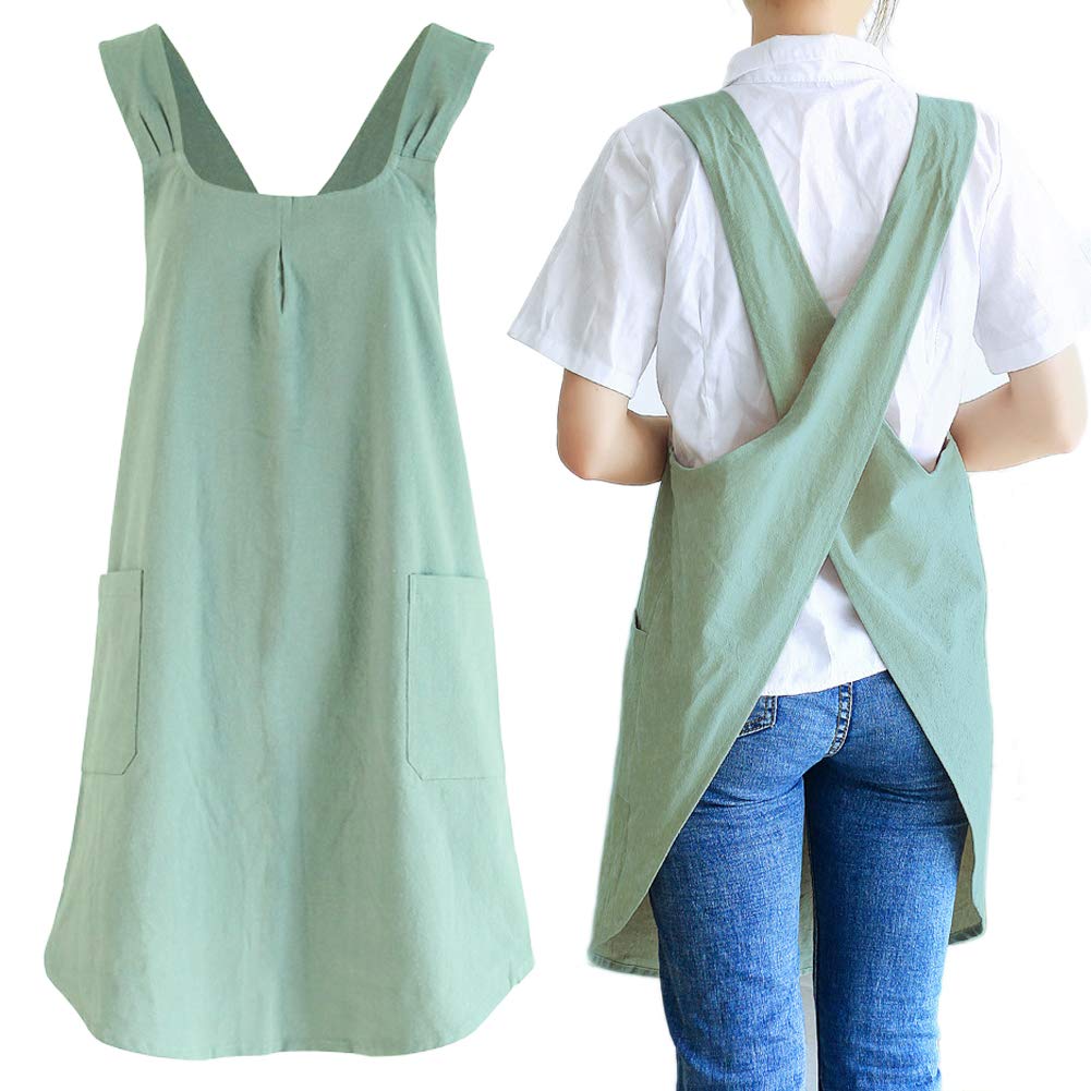 NEWGEM Japanese linen cross-back apron front view in light green, soft fiber blend for daily cooking
