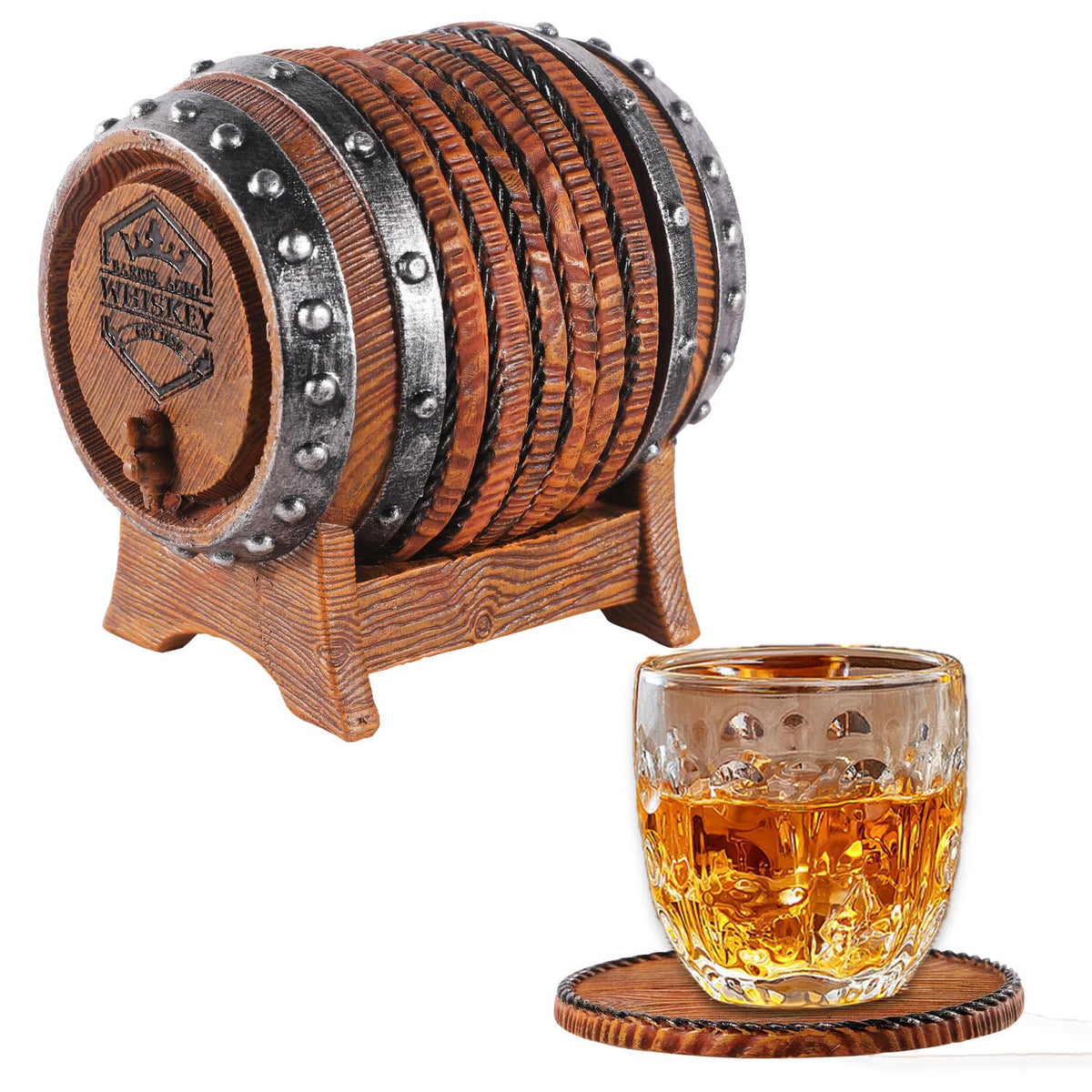 Newinhome whiskey barrel coasters set displayed as a six-piece rustic ensemble for entertaining.
