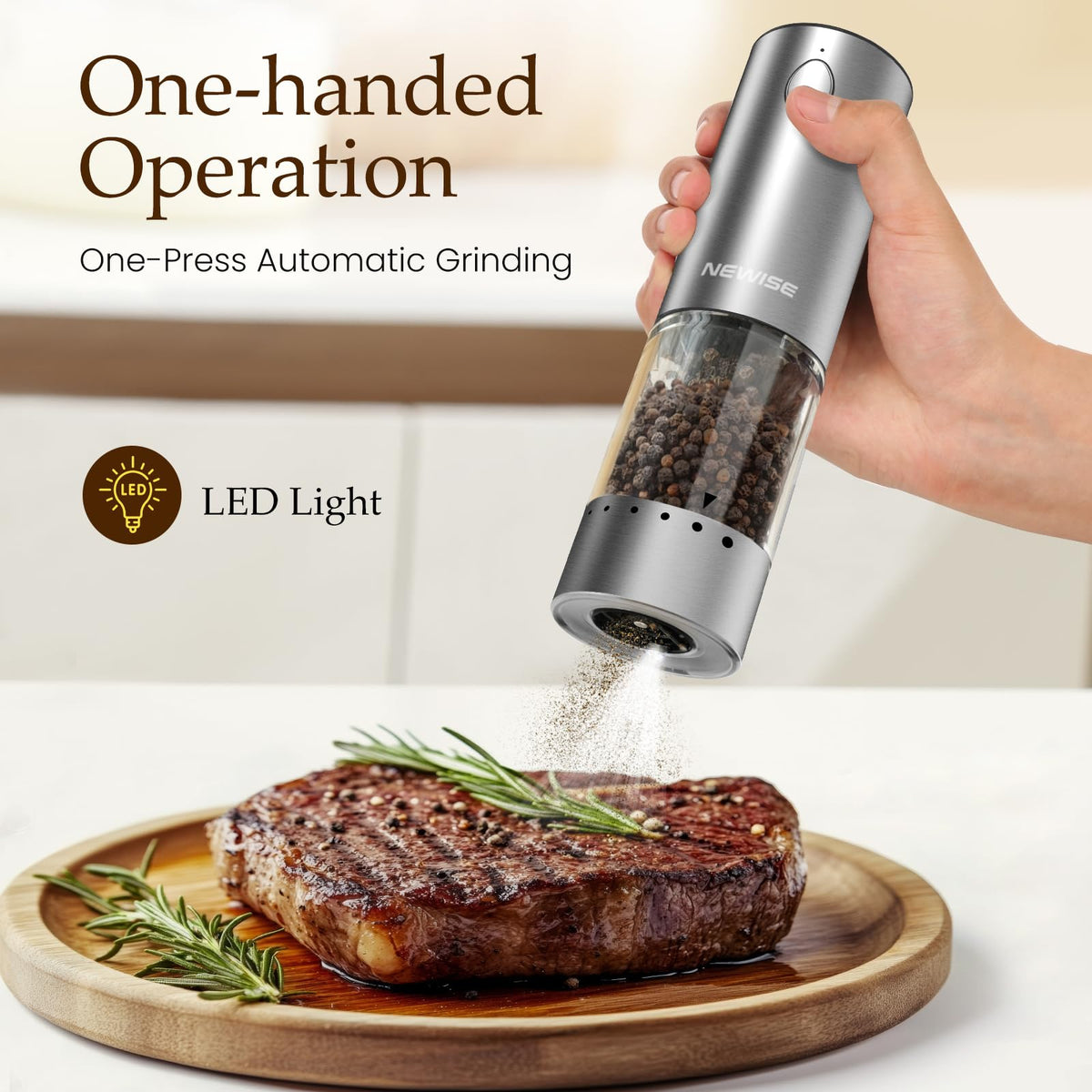 Newise grinder features LED light to illuminate grinding for accuracy.