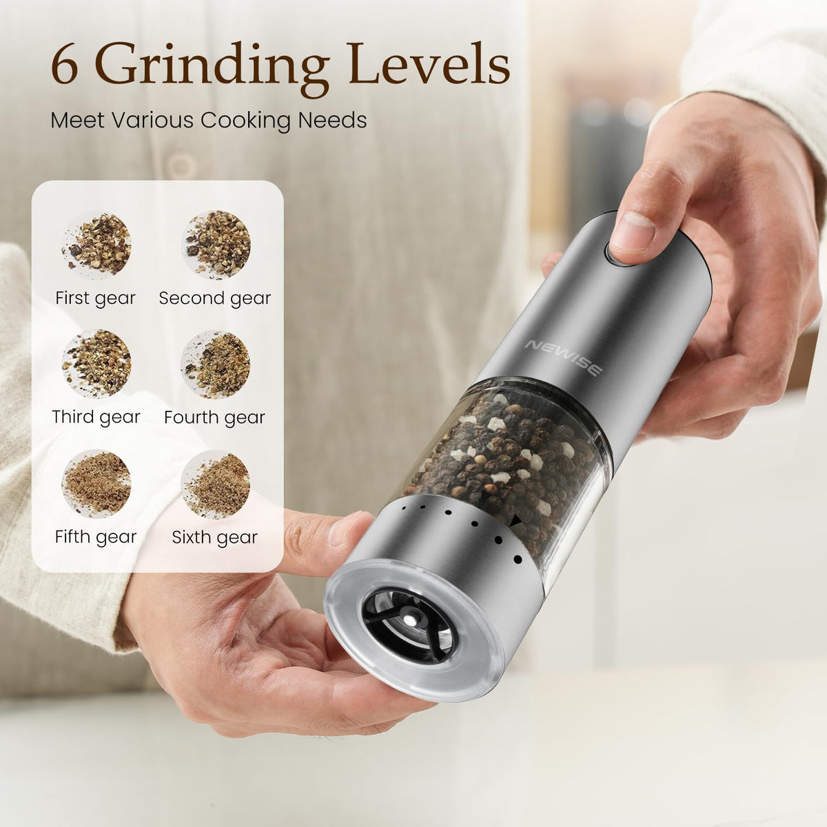 Newise grinder with external coarseness control visible for precise seasoning.