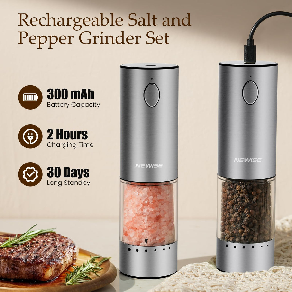Newise grinder shown charging via Type-C for convenient power.