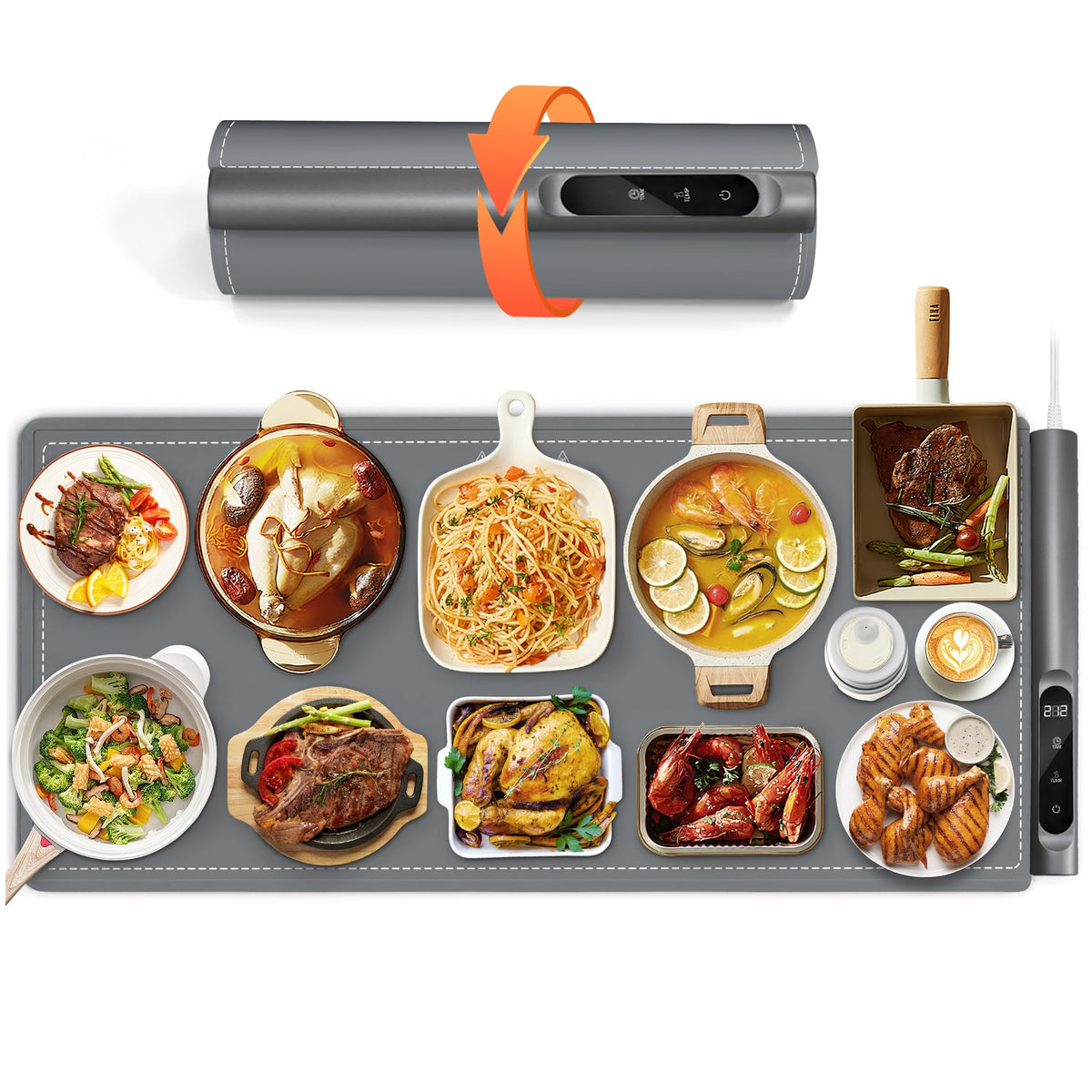 Newise Graphene Warming Mat XXL front view on counter keeping multiple dishes warm