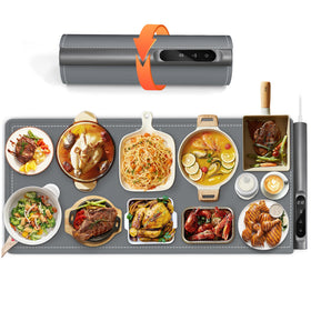 Newise Graphene Warming Mat XXL front view on counter keeping multiple dishes warm