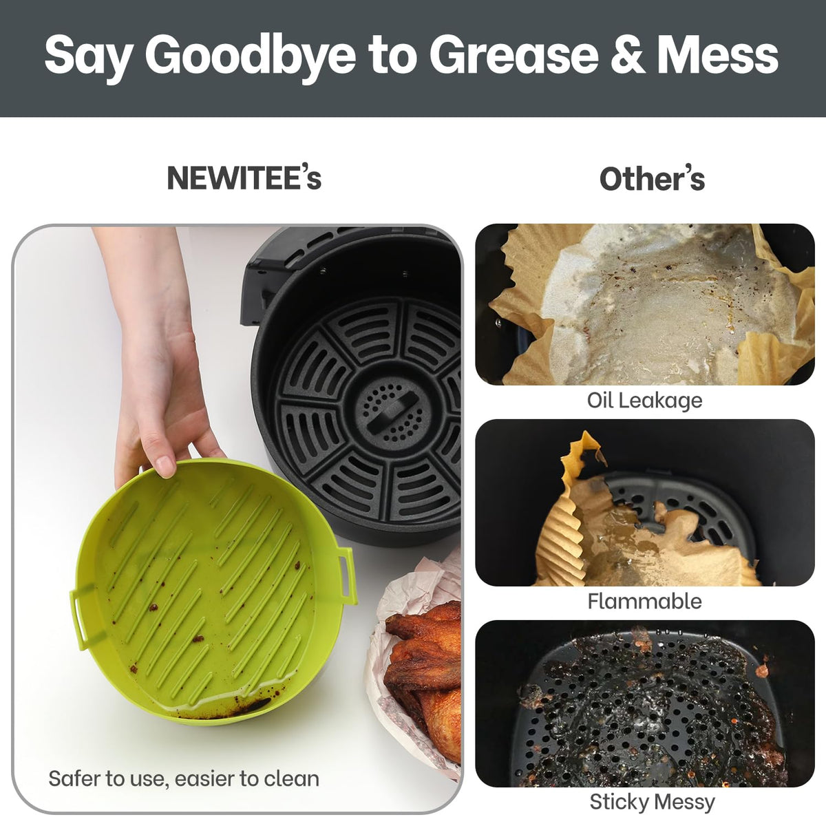 NEWITEE BPA-free silicone liner close-up highlights safe, non-stick cooking surface.