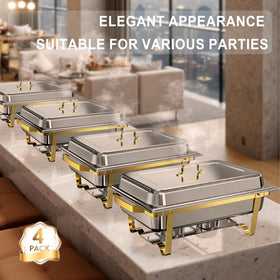 Gold and silver color options on NewKitchen chafing dishes enhance buffet aesthetics.