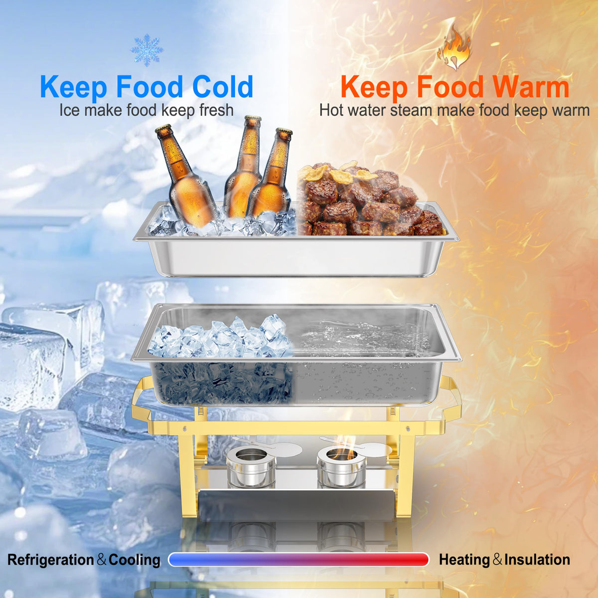 Smooth-edged design of NewKitchen chafing dishes prevents injuries at busy buffets.