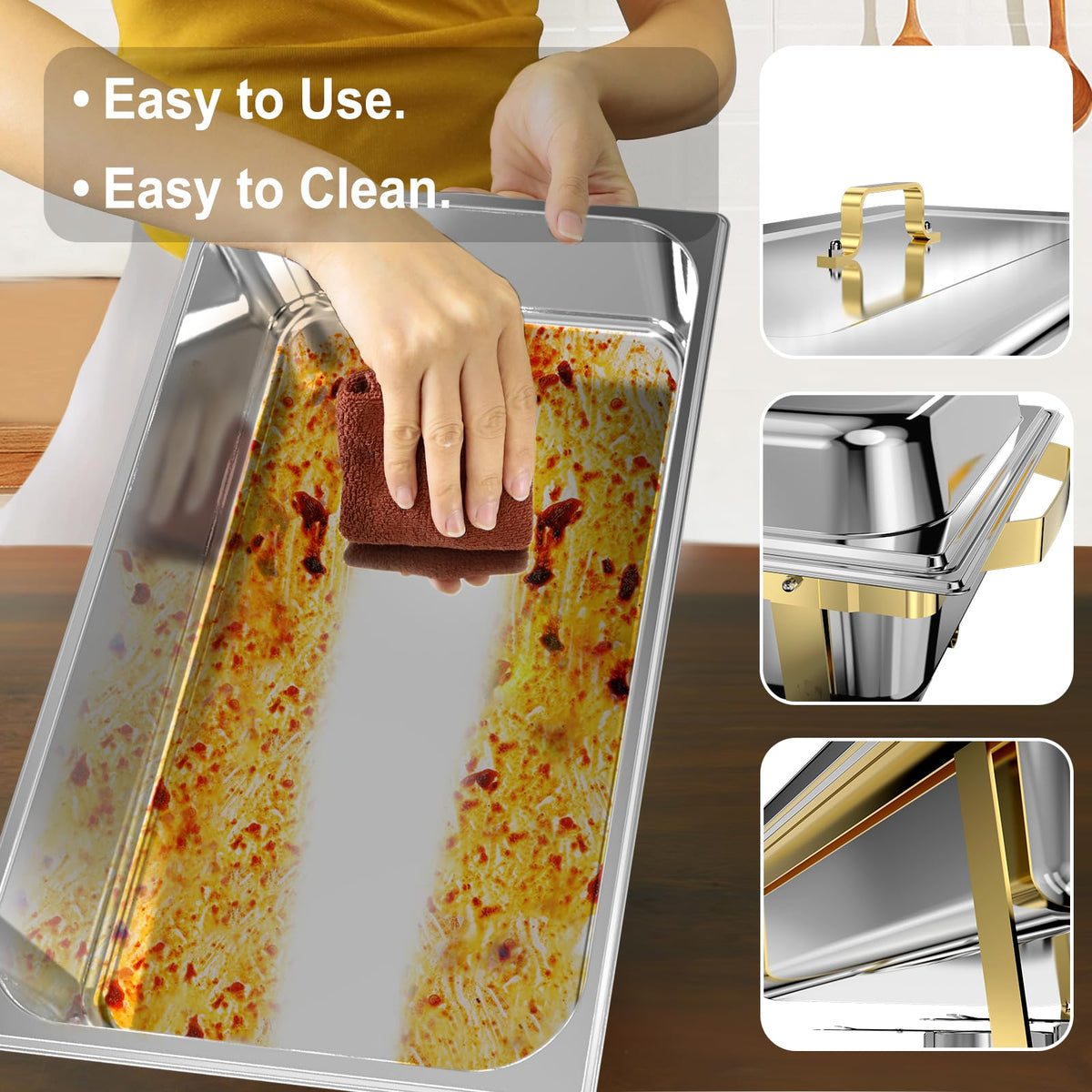 Stackable stand for NewKitchen chafing dishes enables easy storage after events.